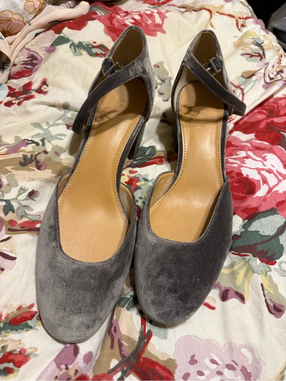 J. Crew Gray Velvet Ankle-Strap Block Heels